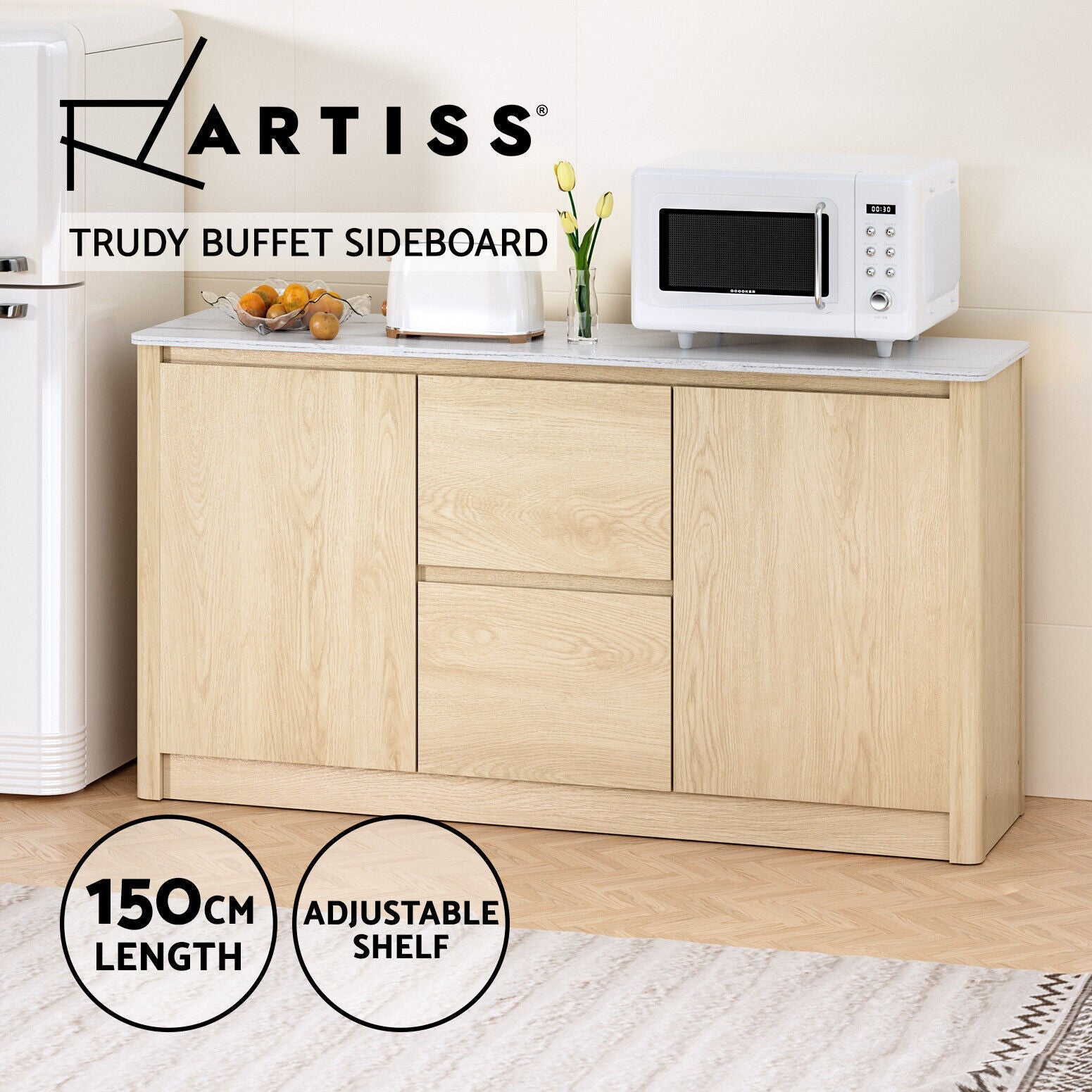 Artiss Buffet Sideboard Cupboard Cabinets Drawers Marble Style Tabletop Pine